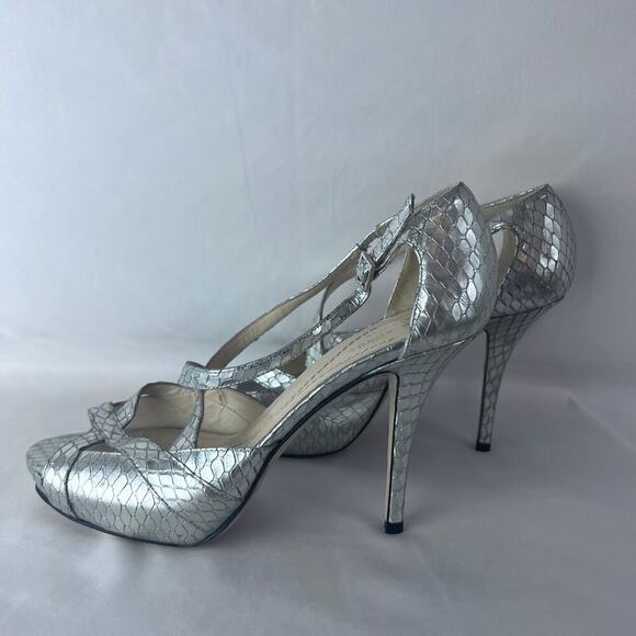 KATE SPADE Open Toe Gold Metallic Snake Skin Stamped Heels Women's Sz7 B - Picture 5 of 9